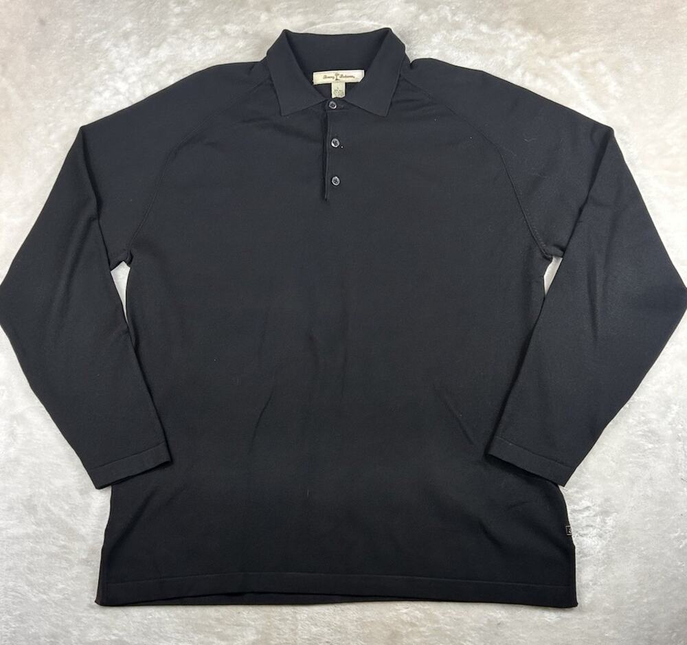 Tommy Bahama SILK Blend Polo Shirt Long Sleeve Mens Sz L Black Golf Preppy